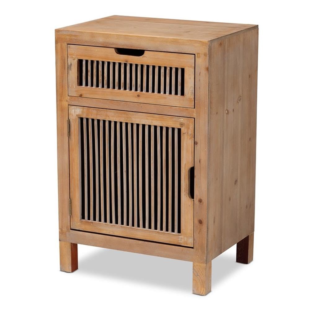 Baxton Studio Clement Rustic Transitional Medium Oak Finished 1-Door and 1-Drawer Wood Spindle Nightstand